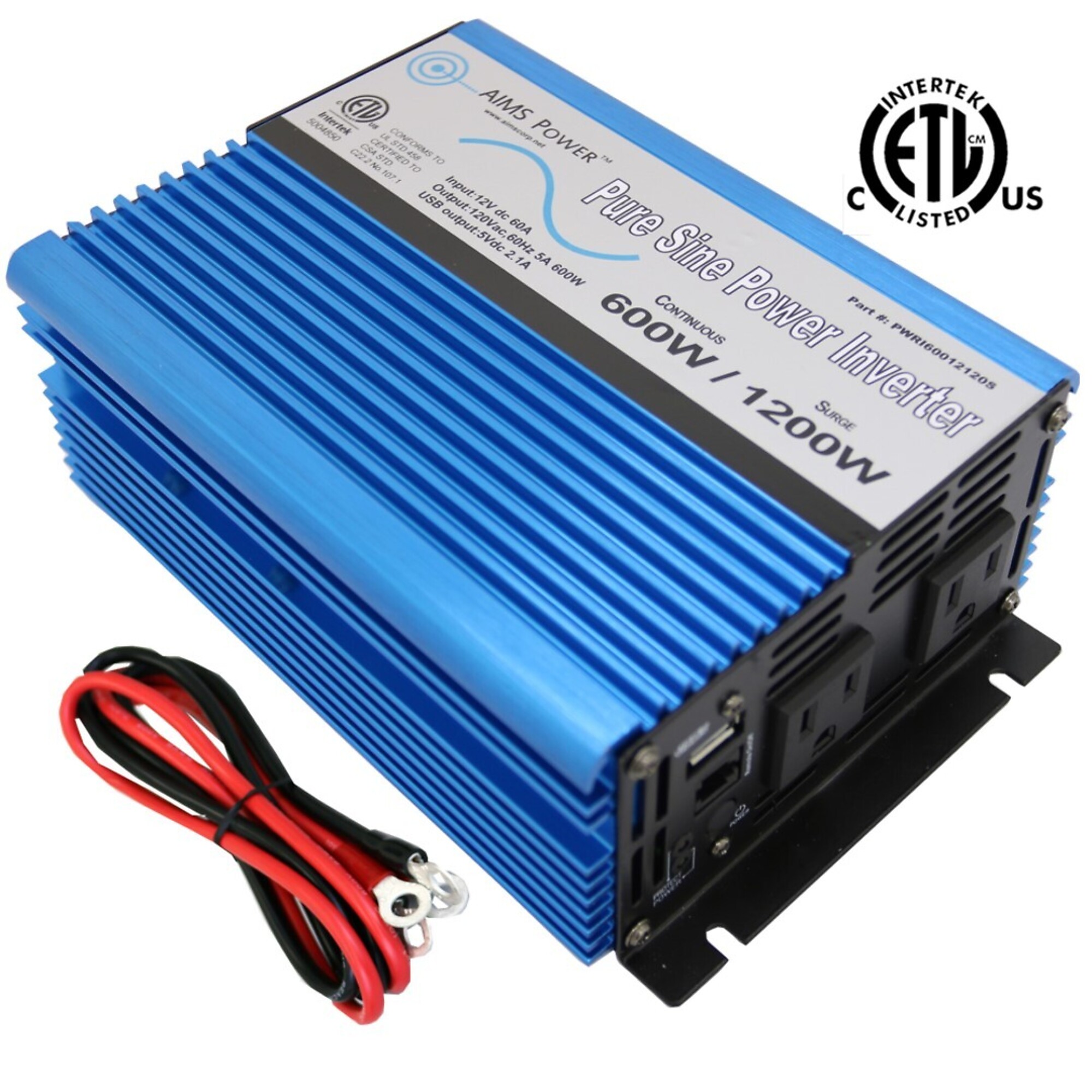 AIMS Power 600 Watt Pure Sine Power Inverter, USB Port, ETL Listed to UL 458 Standards, PWRI60012120S